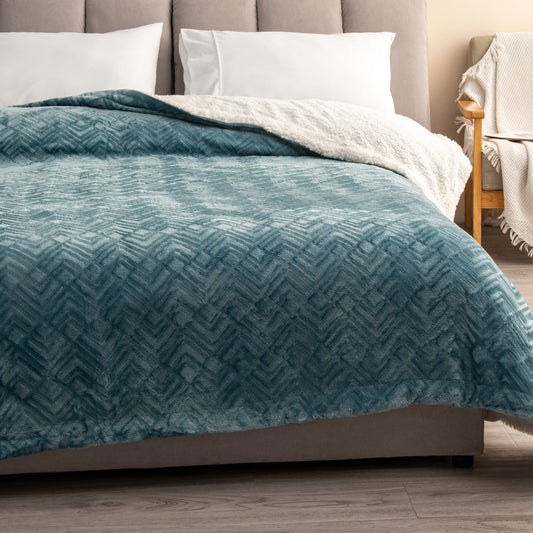 Ultra-Soft Velvet Plush Reversible Sherpa Fleece Blanket - Blue Surf (Full / Queen)