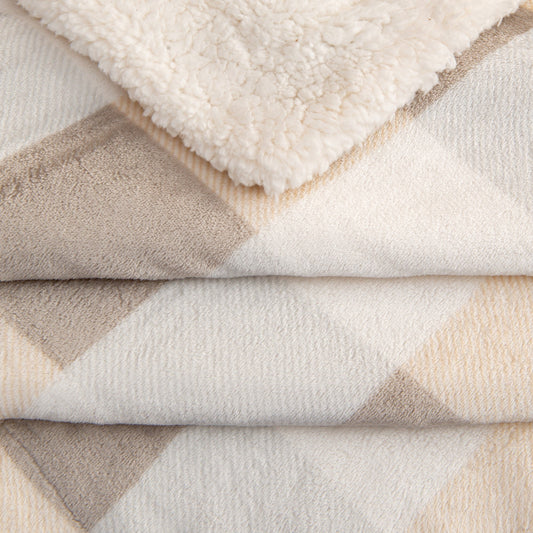 Ultra-Soft Velvet Plush Reversible Sherpa Fleece Blanket - Soft Taupe / Pale Grey Buffalo Check (Throw)