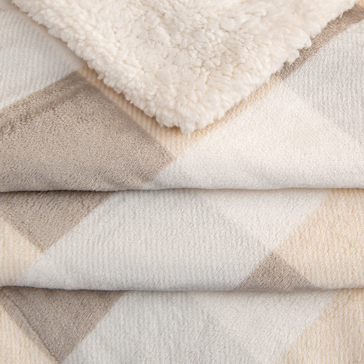 Ultra-Soft Velvet Plush Reversible Sherpa Fleece Blanket - Soft Taupe / Pale Grey Buffalo Check (Throw)