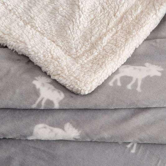 Ultra-Soft Velvet Plush Reversible Sherpa Fleece Blanket - Grey Moose (Throw)