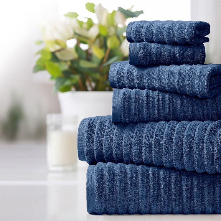 6 Piece Ribbed 100% Egyptian Cotton Towel Set - Deep Blue