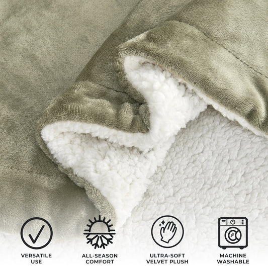 Ultra-Soft Velvet Plush Reversible Sherpa Fleece Blanket - Loden Green