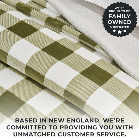 Ultra-Soft Velvet Plush Reversible Sherpa Fleece Blanket - Olive Green Buffalo Checks