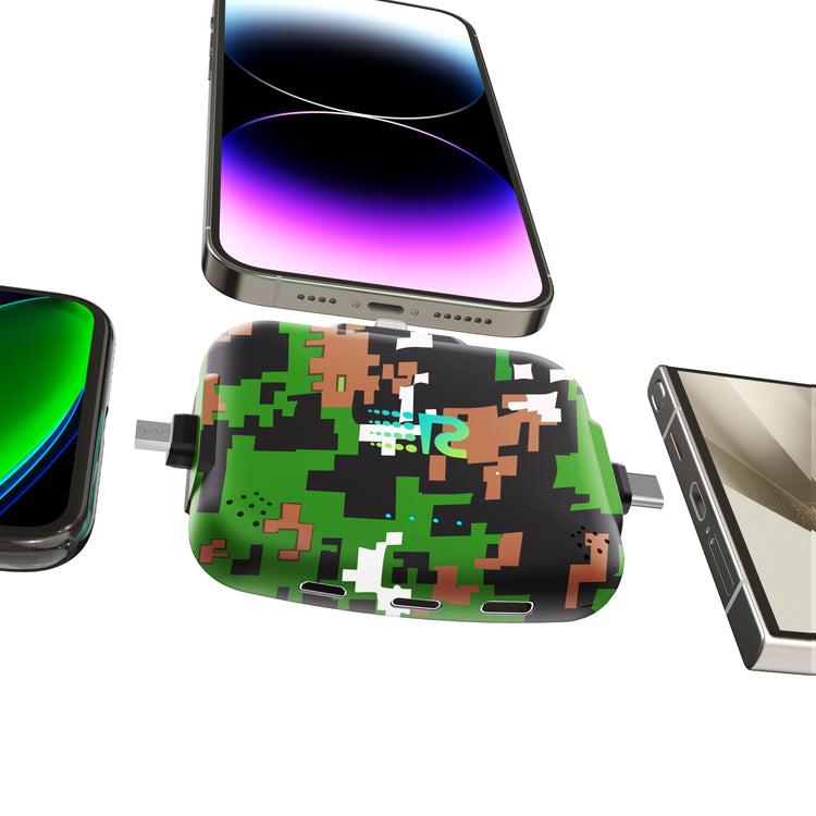 Green camouflage phone charger with smartphone display on a white background