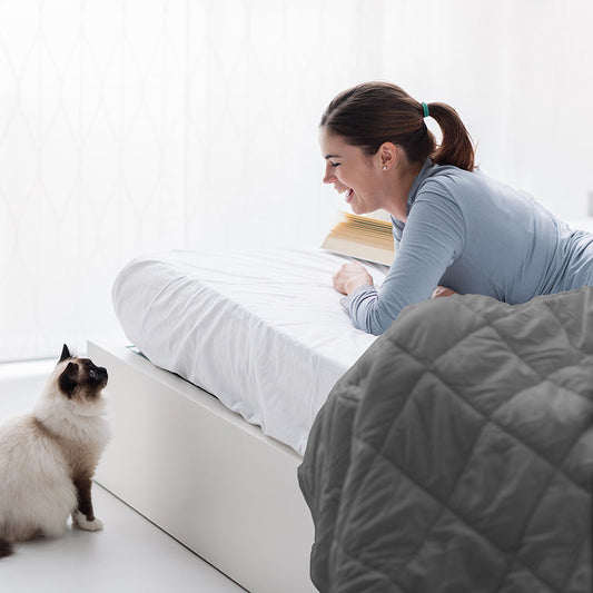 Gray comforter on a bed in a modern bedroom setting