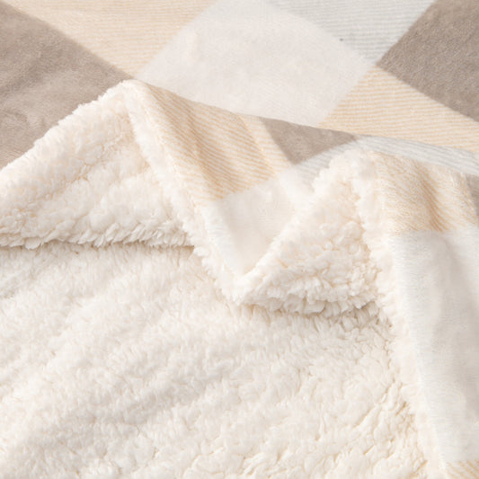 Ultra-Soft Velvet Plush Reversible Sherpa Fleece Blanket - Soft Taupe / Pale Grey Buffalo Check (Throw)
