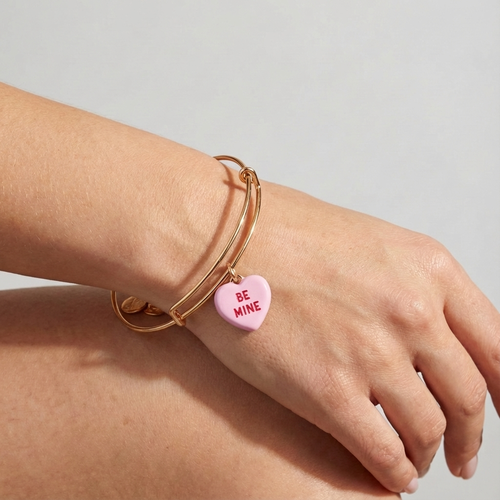 Gold bracelet with a pink heart-shaped charm on a light gray background