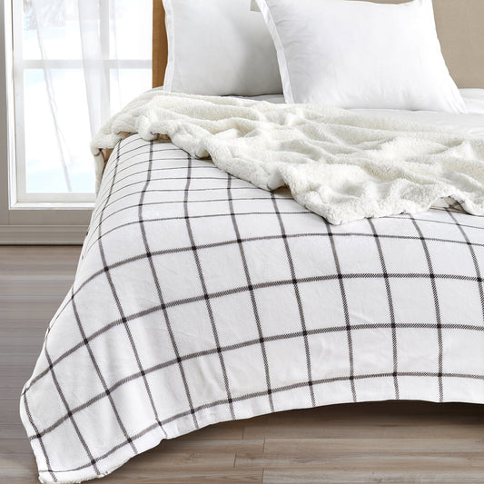 Ultra-Soft Velvet Plush Reversible Sherpa Fleece Blanket - Grey Windowpane
