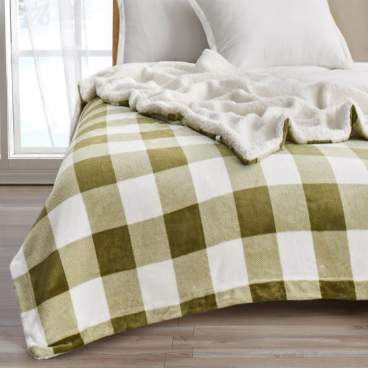 Ultra-Soft Velvet Plush Reversible Sherpa Fleece Blanket - Olive Green Buffalo Checks