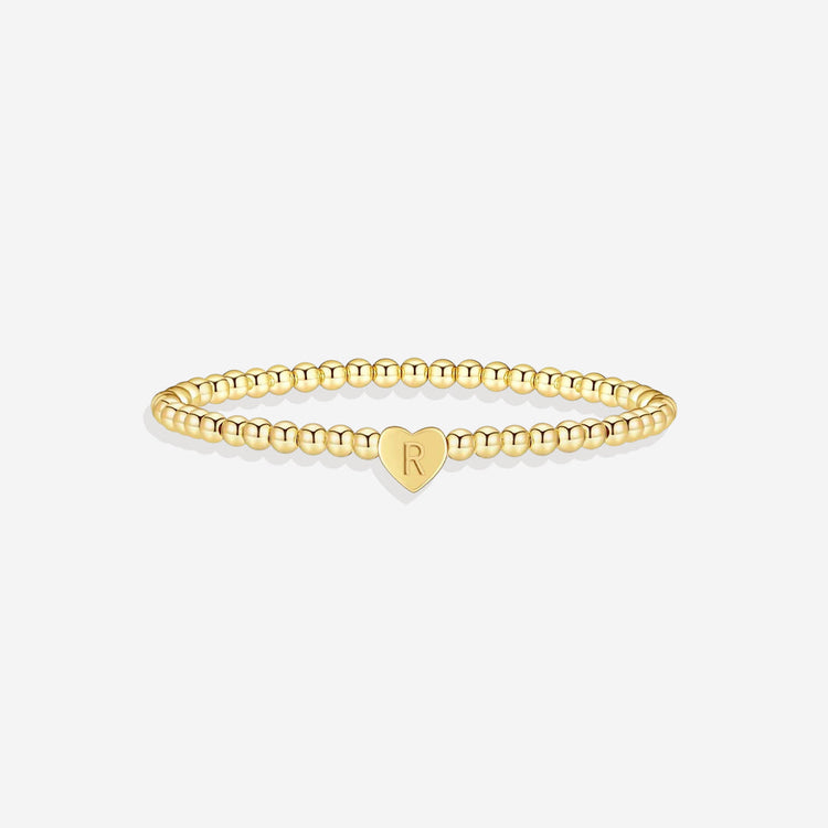 Gold Beaded Bracelet with Heart Initial (GOLD, 6.5")