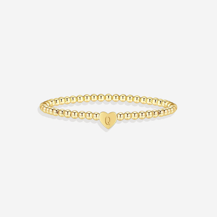Gold Beaded Bracelet with Heart Initial (GOLD, 6.5")
