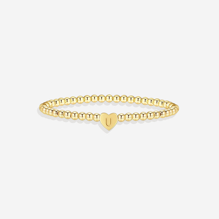 Gold Beaded Bracelet with Heart Initial (GOLD, 6.5")