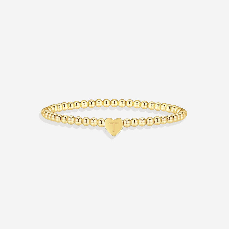 Gold Beaded Bracelet with Heart Initial (GOLD, 6.5")
