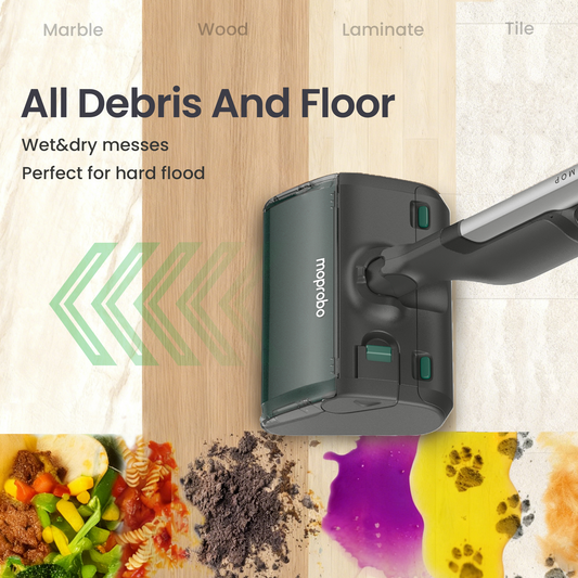 Person using a vacuum cleaner on a wooden floor in a kitchen.