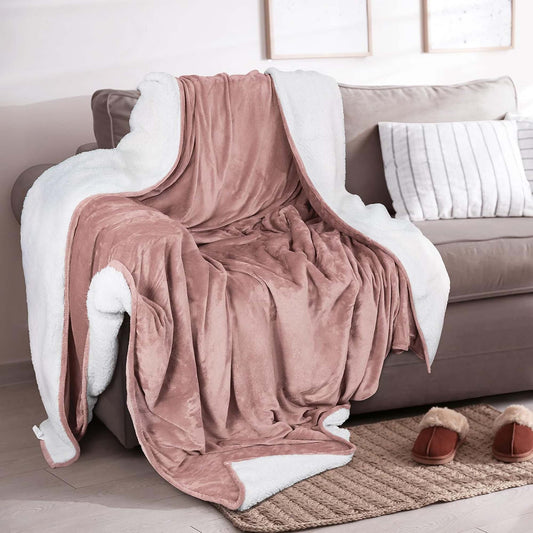 Ultra-Soft Velvet Plush Reversible Sherpa Fleece Blanket - Rose Pink