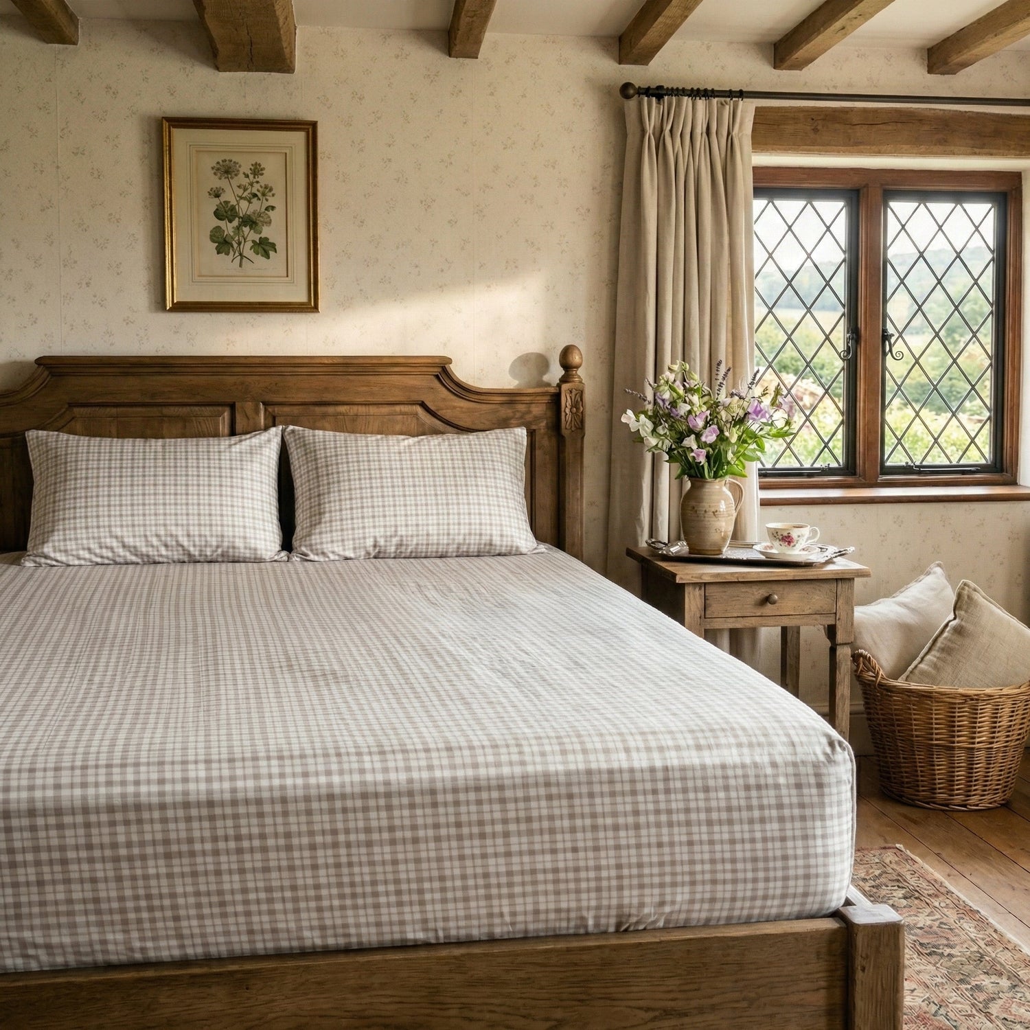 Bedroom with wooden bed, checkered bedding, and window with decorative curtain.