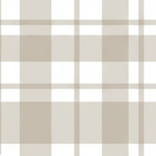 A close-up of a bed dressed in beige and brown gingham check bedding, with a dark wooden headboard, floral accents, and a bedside table in a softly styled bedroom setting.