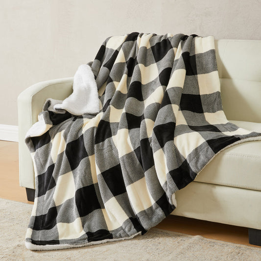 Ultra-Soft Velvet Plush Reversible Sherpa Fleece Blanket - Black/White (Throw)