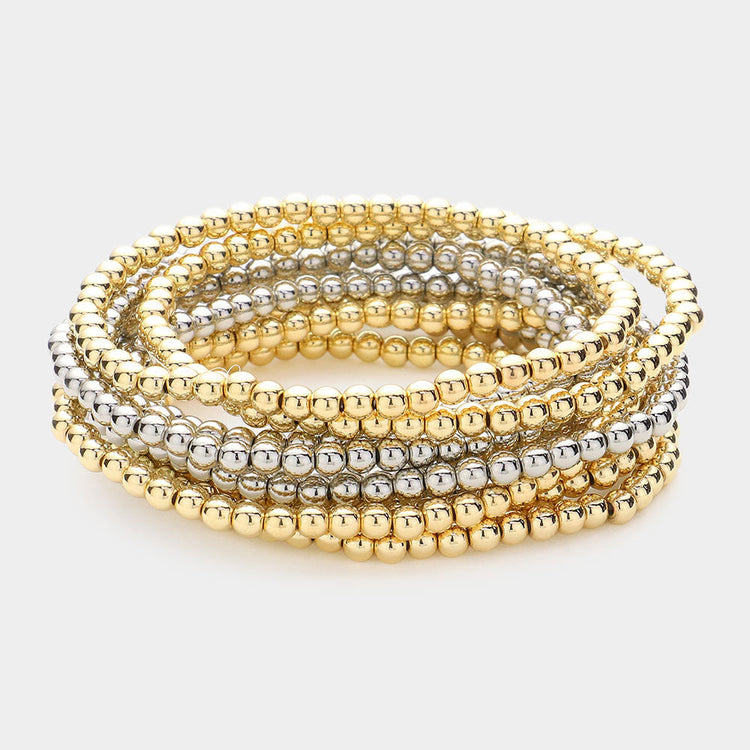 10 PC BEADED STETCH BRACELET SET-Gold/Silver