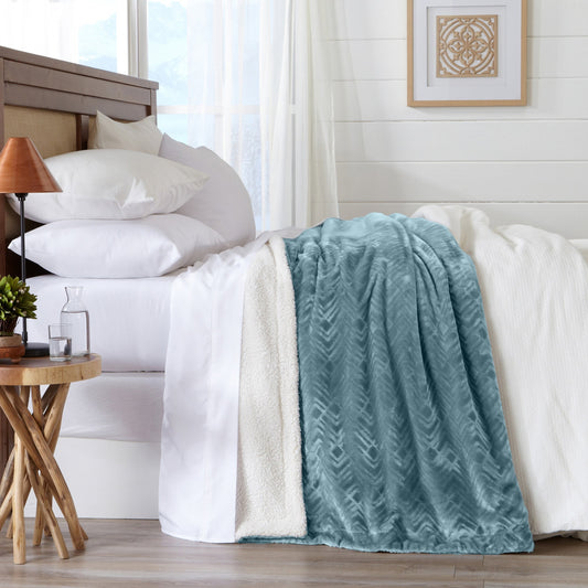 Ultra-Soft Velvet Plush Reversible Sherpa Fleece Blanket - Blue Surf (Full / Queen)