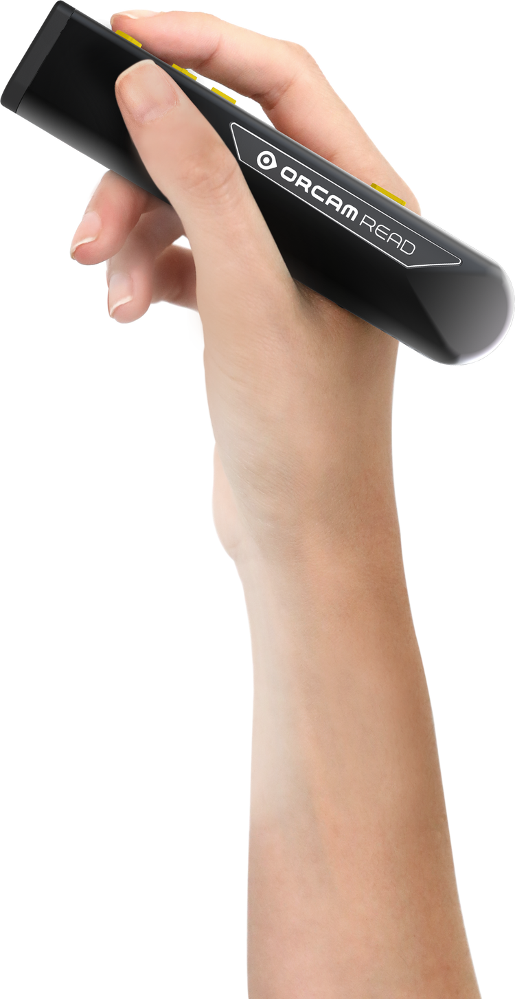 Hand holding a black device with 'Oreal' branding on a white background