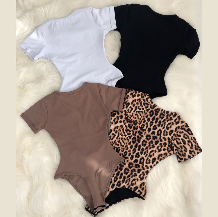 HAPPY CAMI SHAPER BODYSUIT TRIPLE TUMMY LAYER SHORTS SLEEVES - Leopard