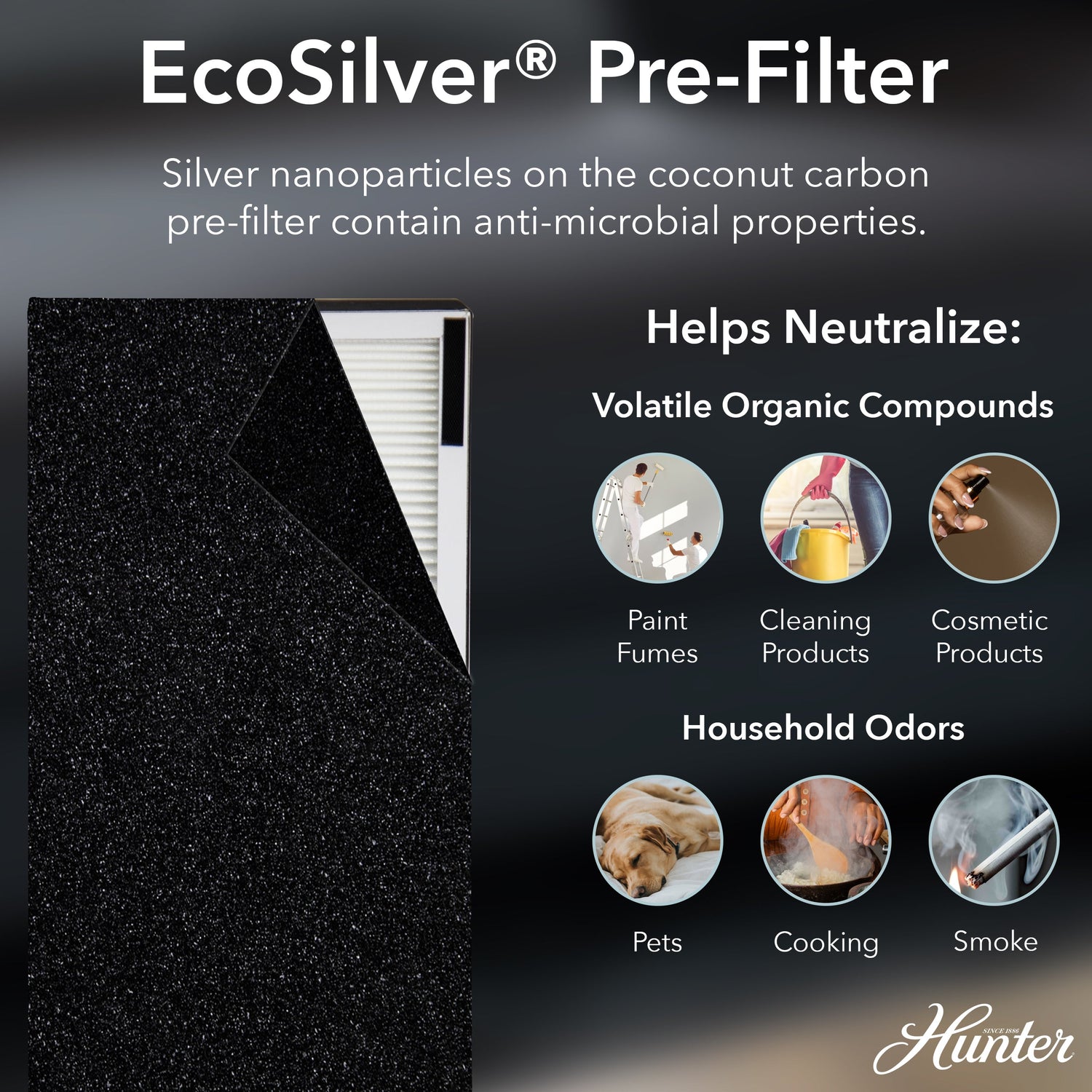 EcoSilver Pre-Filter with text on anti-microbial properties and uses
