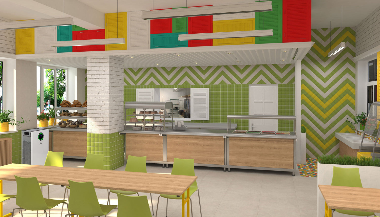 Modern kitchen with colorful wall designs and dining area