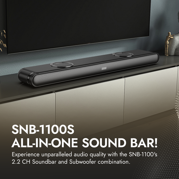 Black sound bar on a entertainment console with text highlighting its features.