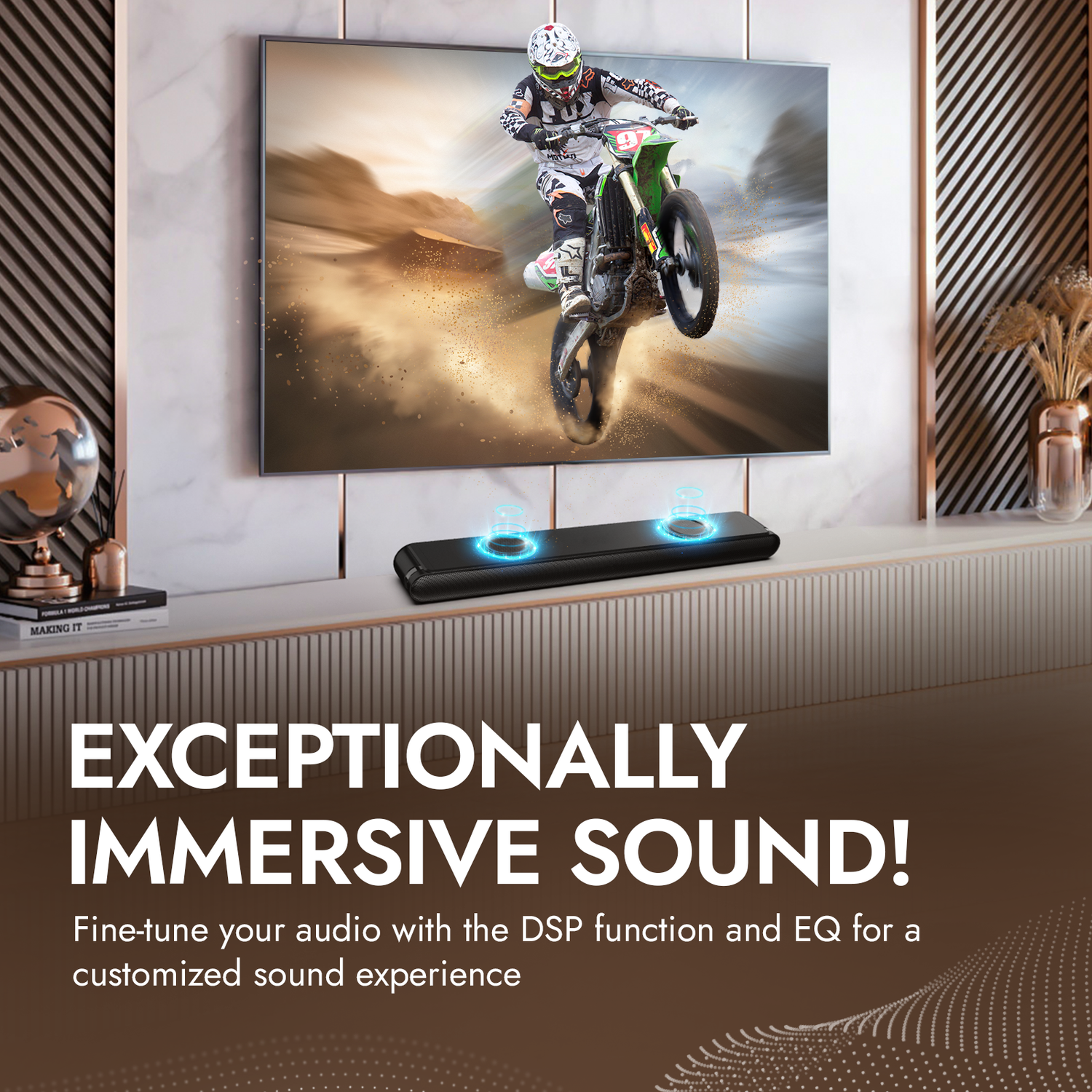 Soundbar in front of a television displaying a motocross scene with text about immersive sound.