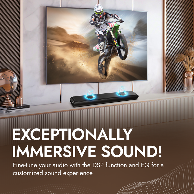 Soundbar in front of a television displaying a motocross scene with text about immersive sound.