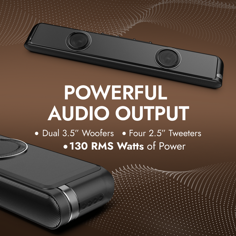 Black audio speakers with text highlighting powerful audio output on a brown background