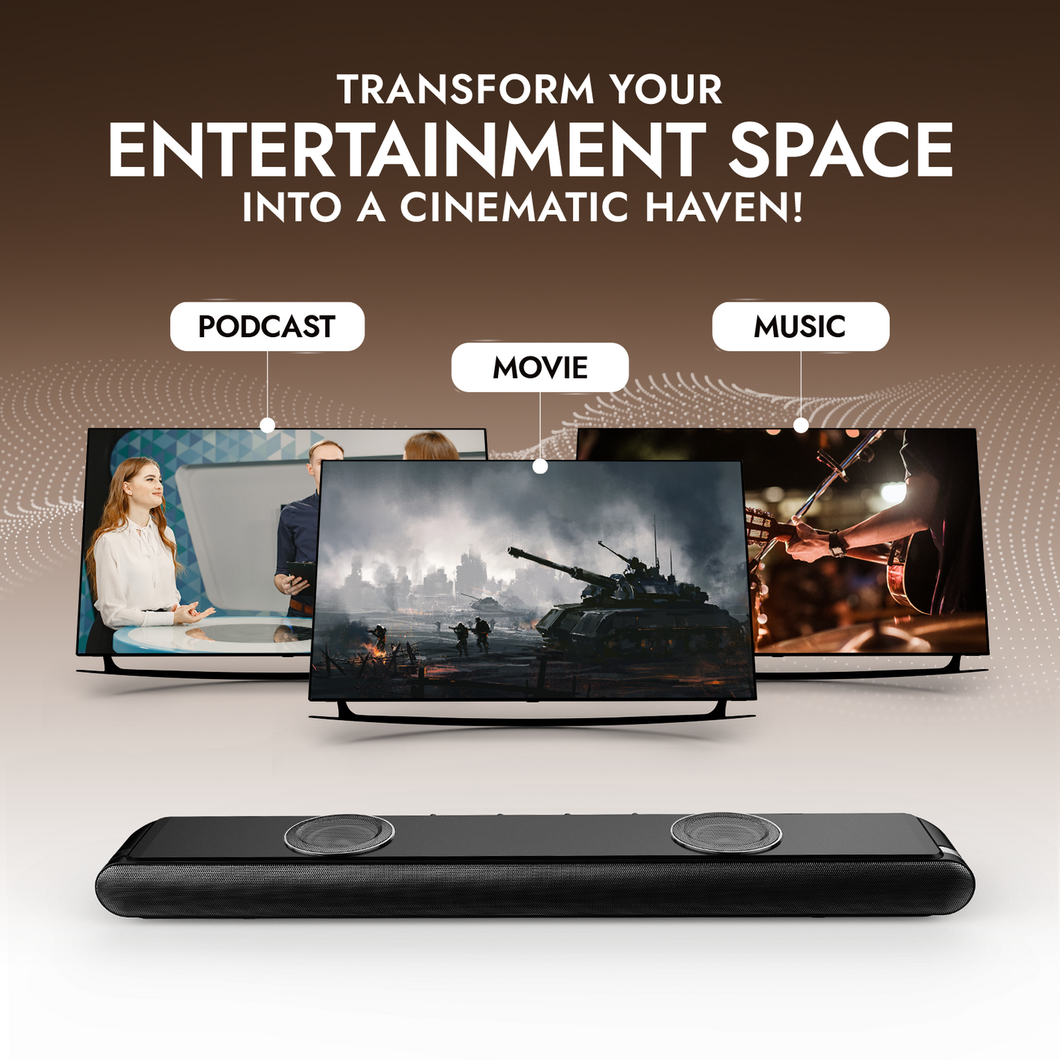 Soundbar with television screens displaying different content on a brown and beige gradient background.
