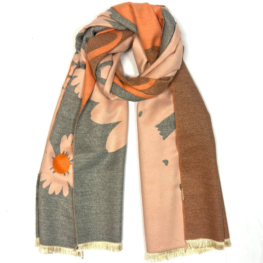 Delightful Daisy Pashmina Scarf - Pink & Gray