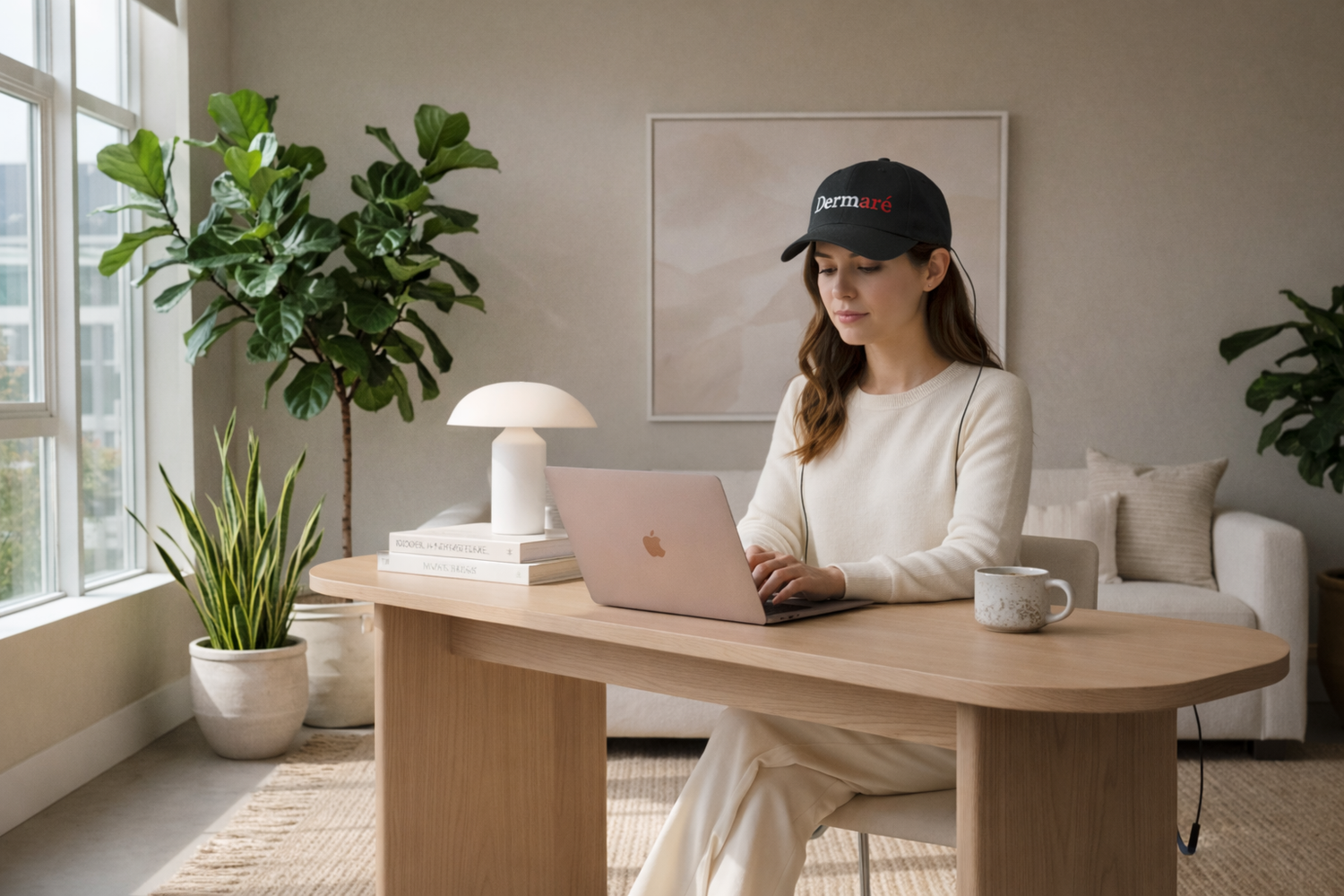 Woman sitting at a desk with a laptop, wearing a black cap with text, in a home office setting.