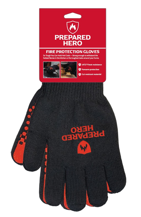 Fire protection gloves with 'Prepared Hero' branding on a white background