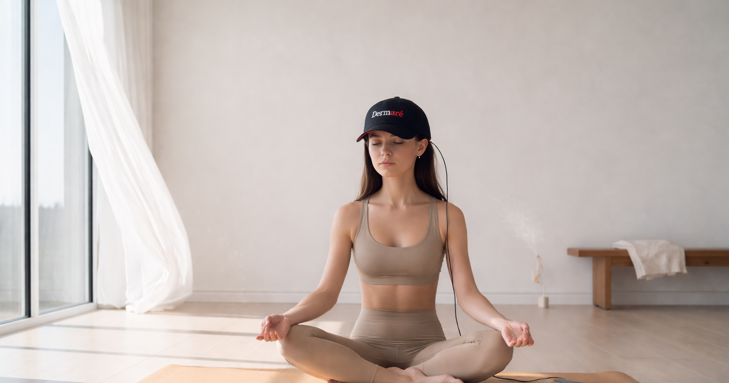 Woman meditating on a yoga mat in a bright room with a white wall and large window.