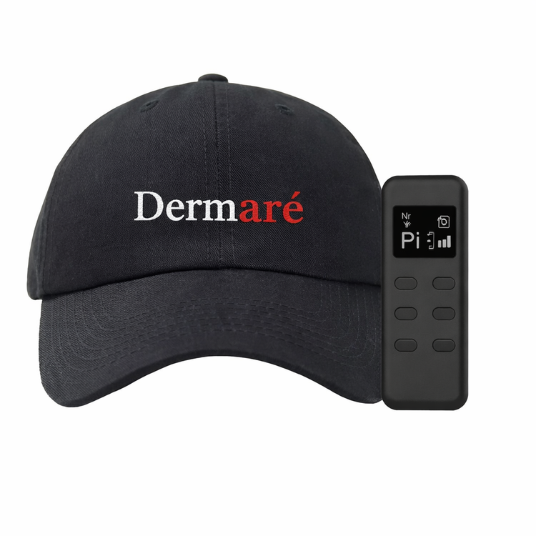 Black cap with 'Dermare' logo and a black remote control on a white background