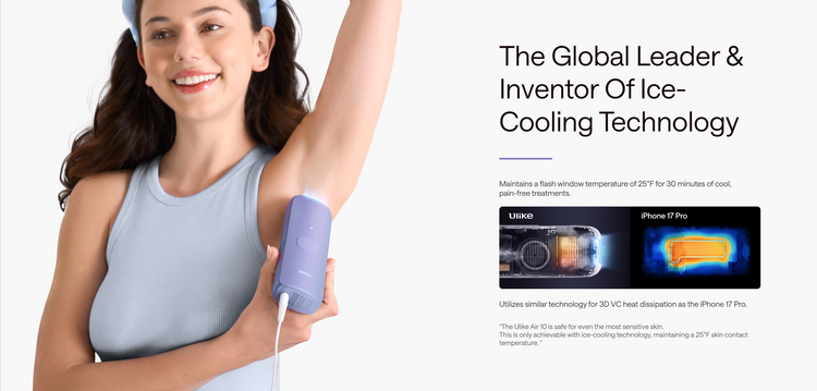 Woman using an ice cooling device with text about ice-cooling technology on a white background