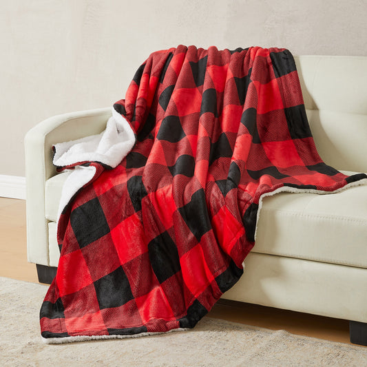 Ultra-Soft Velvet Plush Reversible Sherpa Fleece Blanket - Red/Black (Throw)