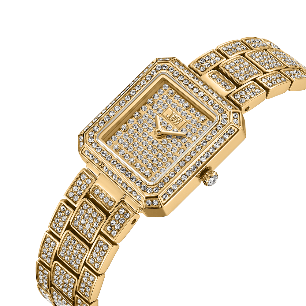 The JBW Watches Arc Double | J6390C features a square gold face and band adorned with sparkling clear crystals. This elegant wristwatch is displayed at an angle against a plain white background.