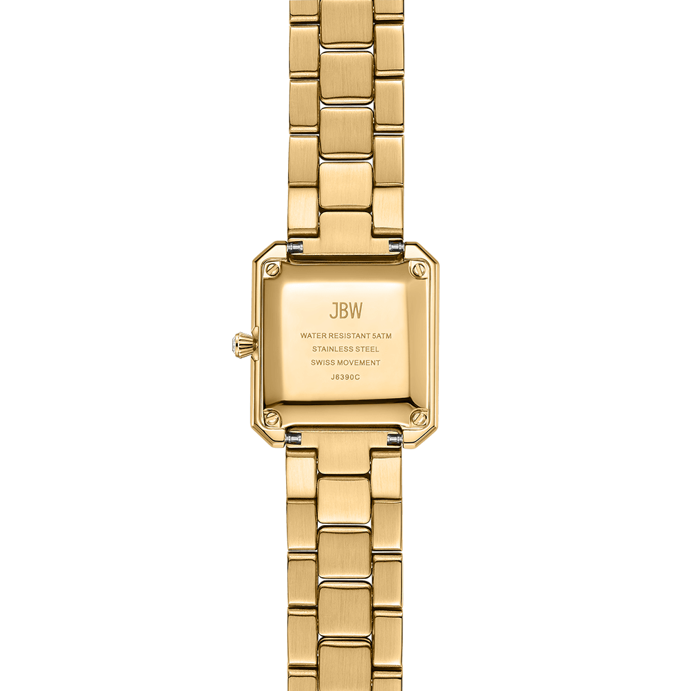The Arc Double (J6390C) by JBW Watches is a gold stainless steel wristwatch with a rectangular face, shown from the back, featuring engravings for JBW, water resistance, stainless steel, Swiss movement, and the model number.