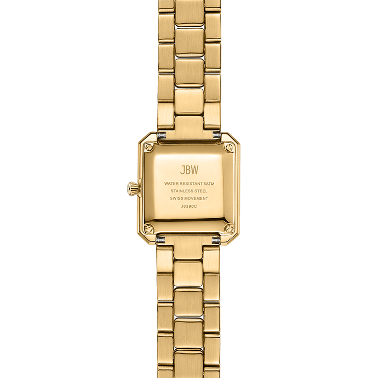 The Arc Double (J6390C) by JBW Watches is a gold stainless steel wristwatch with a rectangular face, shown from the back, featuring engravings for JBW, water resistance, stainless steel, Swiss movement, and the model number.