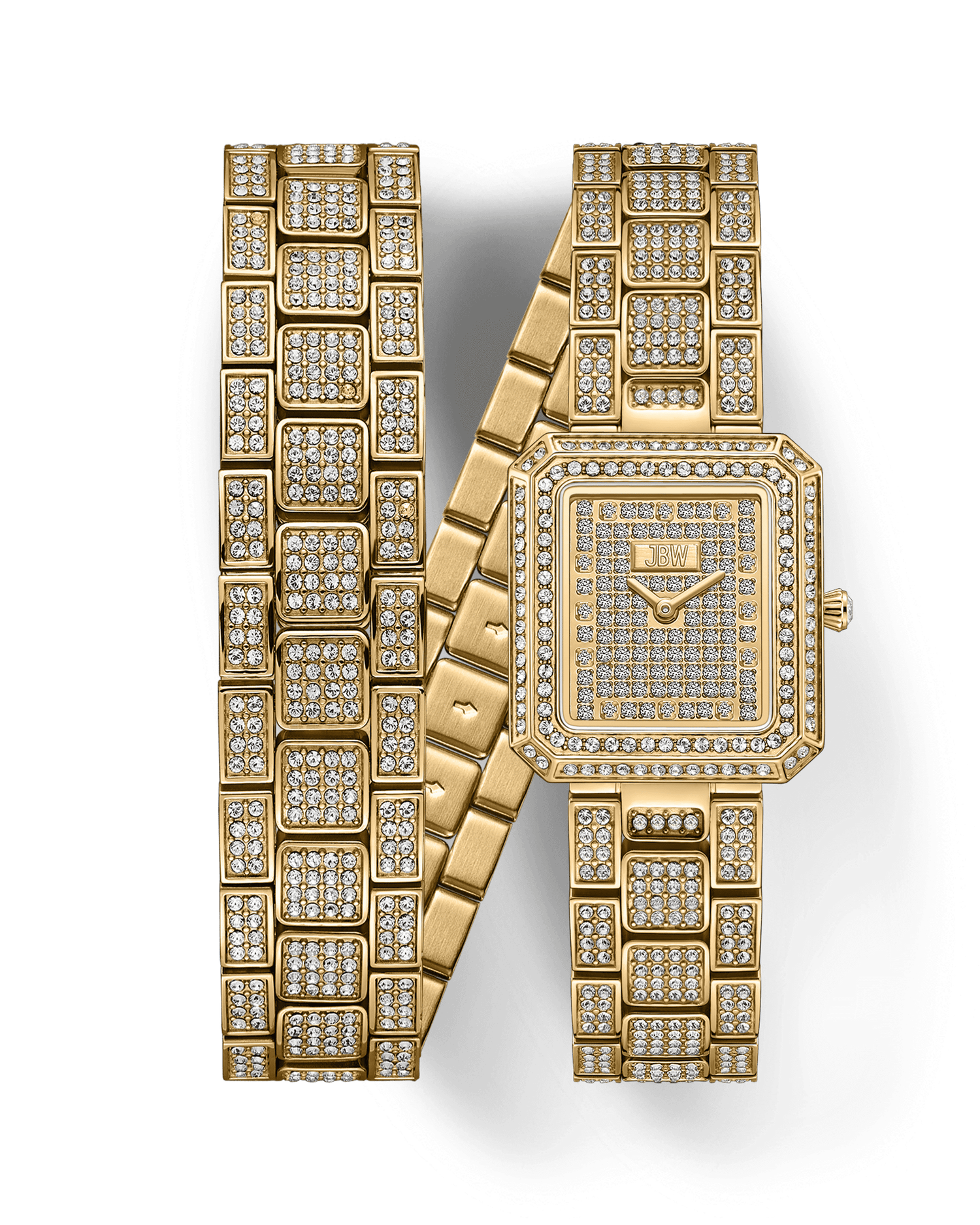 The JBW Watches Arc Double | J6390C is a luxurious gold diamond watch with a square face, double-wrap diamond band, and crystal-studded bezel, shown against a plain white background.