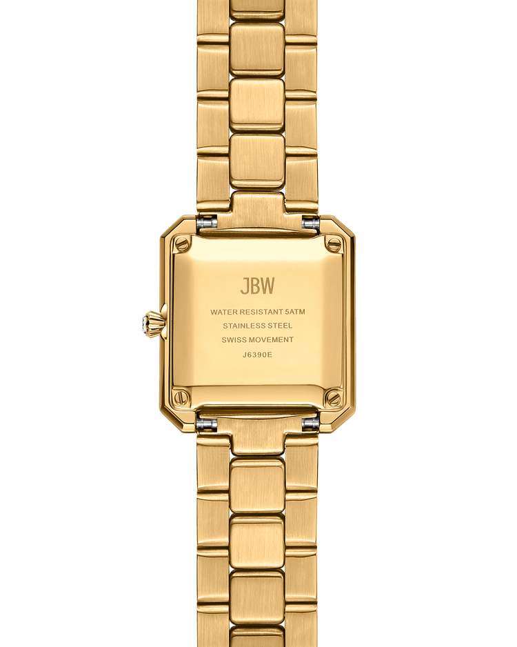The Arc Single | J6390E by JBW Watches is a gold-tone, gender-neutral timepiece with a square case, metal link band, JBW engraving, stainless steel construction, Swiss movement, water resistance, and model number J6390E.