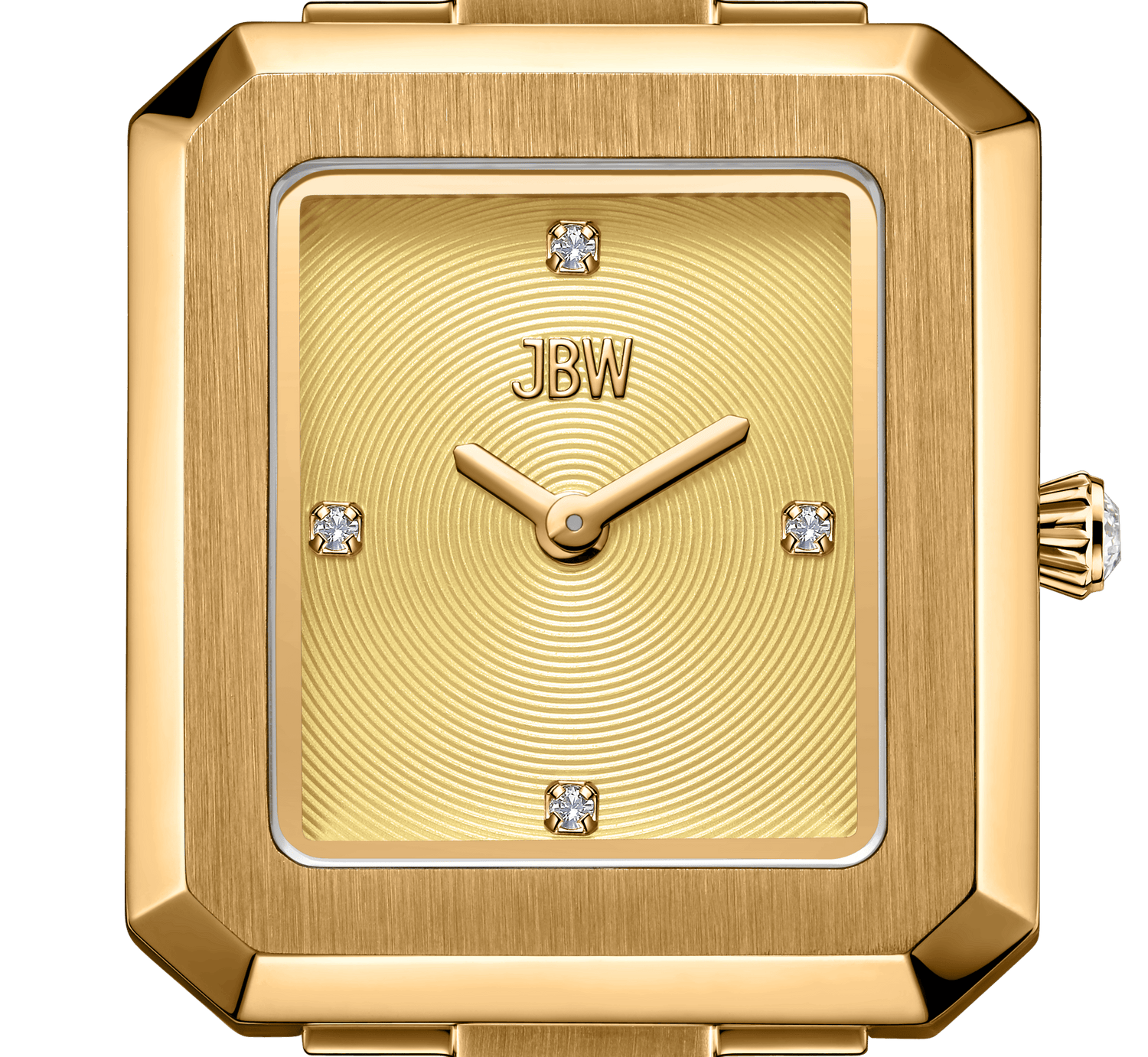 The Arc Single | J6390E by JBW Watches is a rectangular gold wristwatch featuring a textured gold face, gold hands, lab-grown diamond markers at 12, 3, 6, and 9 positions, and JBW near the top—an elegant luxury accessory.