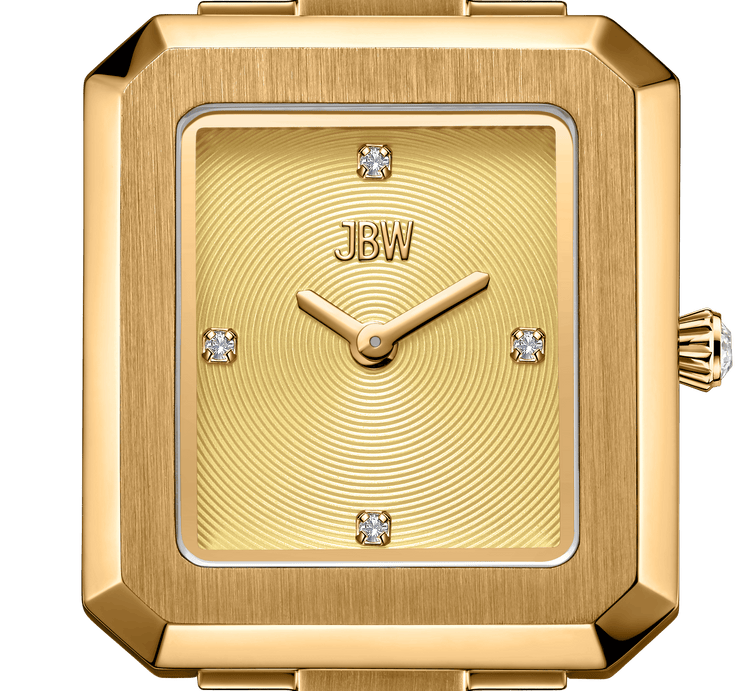 The Arc Single | J6390E by JBW Watches is a rectangular gold wristwatch featuring a textured gold face, gold hands, lab-grown diamond markers at 12, 3, 6, and 9 positions, and JBW near the top—an elegant luxury accessory.