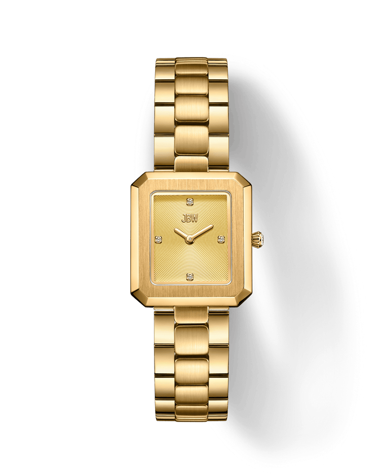 The Arc Single | J6390E by JBW Watches is a gold, square-faced wristwatch with a metal link band, minimal design, four lab-grown diamond markers, a right-side crown, and the brand name below the 12 o’clock position.