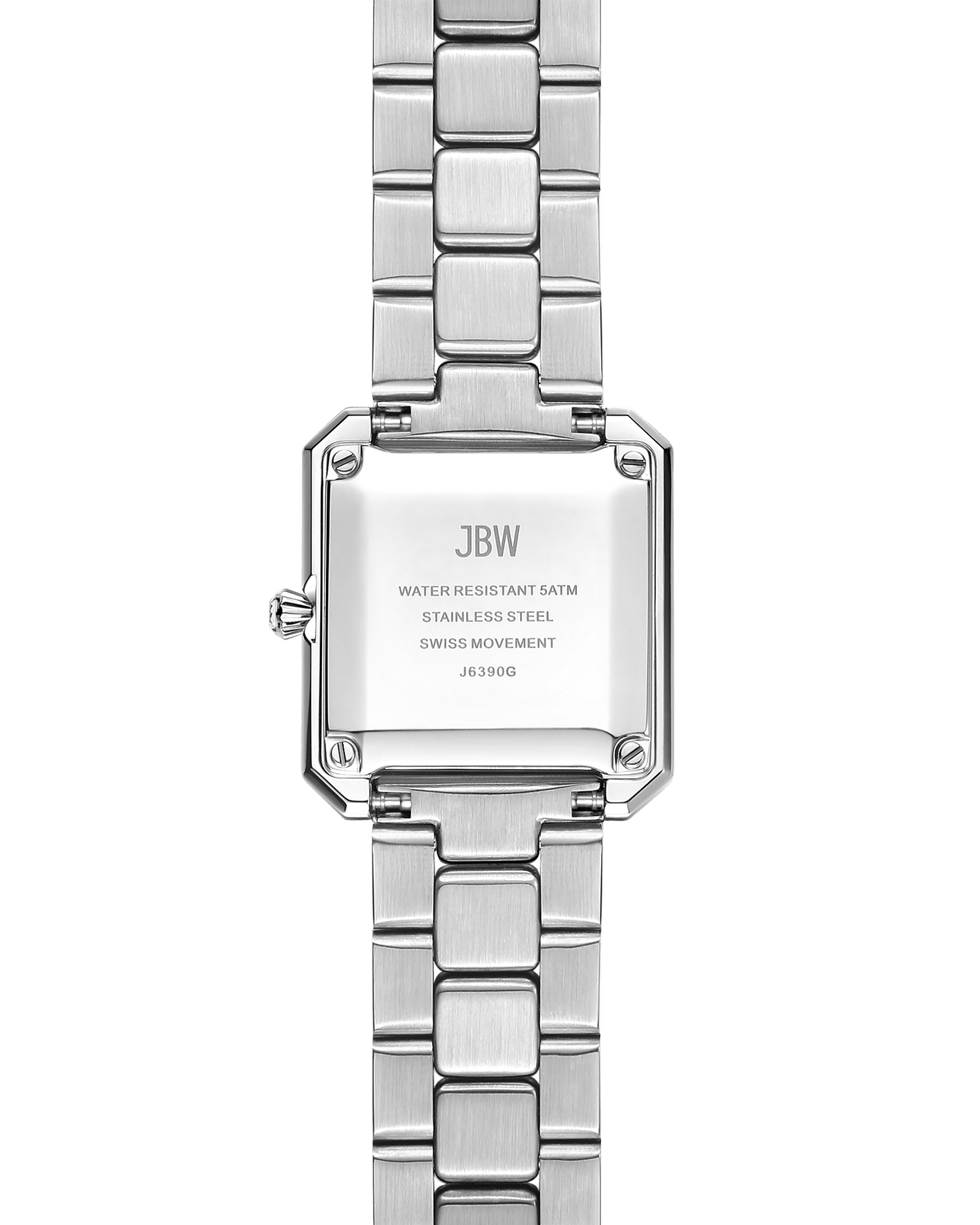 Back view of the JBW Watches Arc Single | J6390G silver stainless steel rectangular watch with a square case, engraved with JBW, Water Resistant 5ATM, Stainless Steel, Swiss Movement, and model number J6390G.