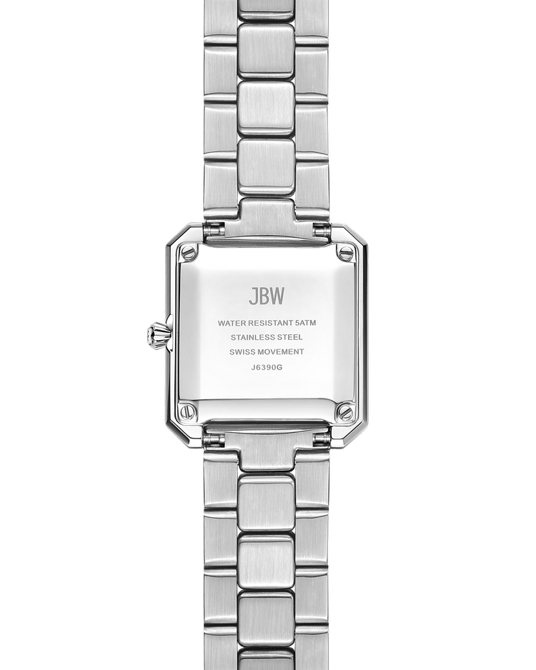 Back view of the JBW Watches Arc Single | J6390G silver stainless steel rectangular watch with a square case, engraved with JBW, Water Resistant 5ATM, Stainless Steel, Swiss Movement, and model number J6390G.